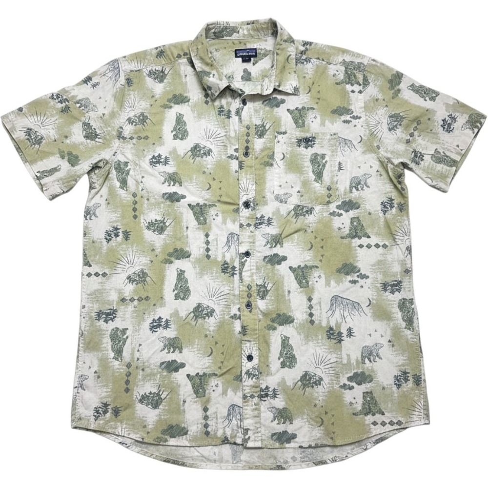 Patagonia Mens XL Organic Cotton Bear Mountain Print Short Sleeve Button Down